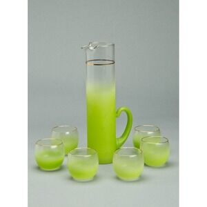 BLENDO vintage MCM pitcher bowl round glasses Lime Green intact gold rims A+++